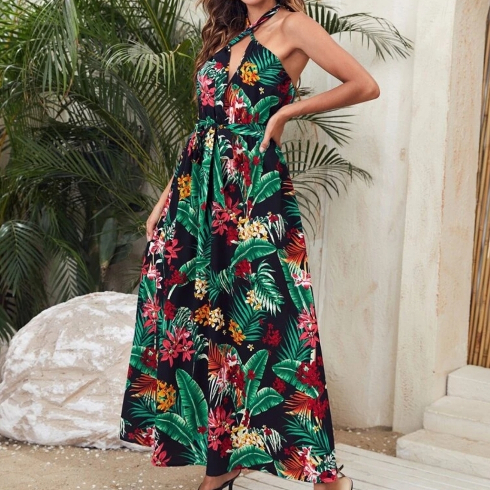 Tropical Print Crisscross Tie Halter Dress